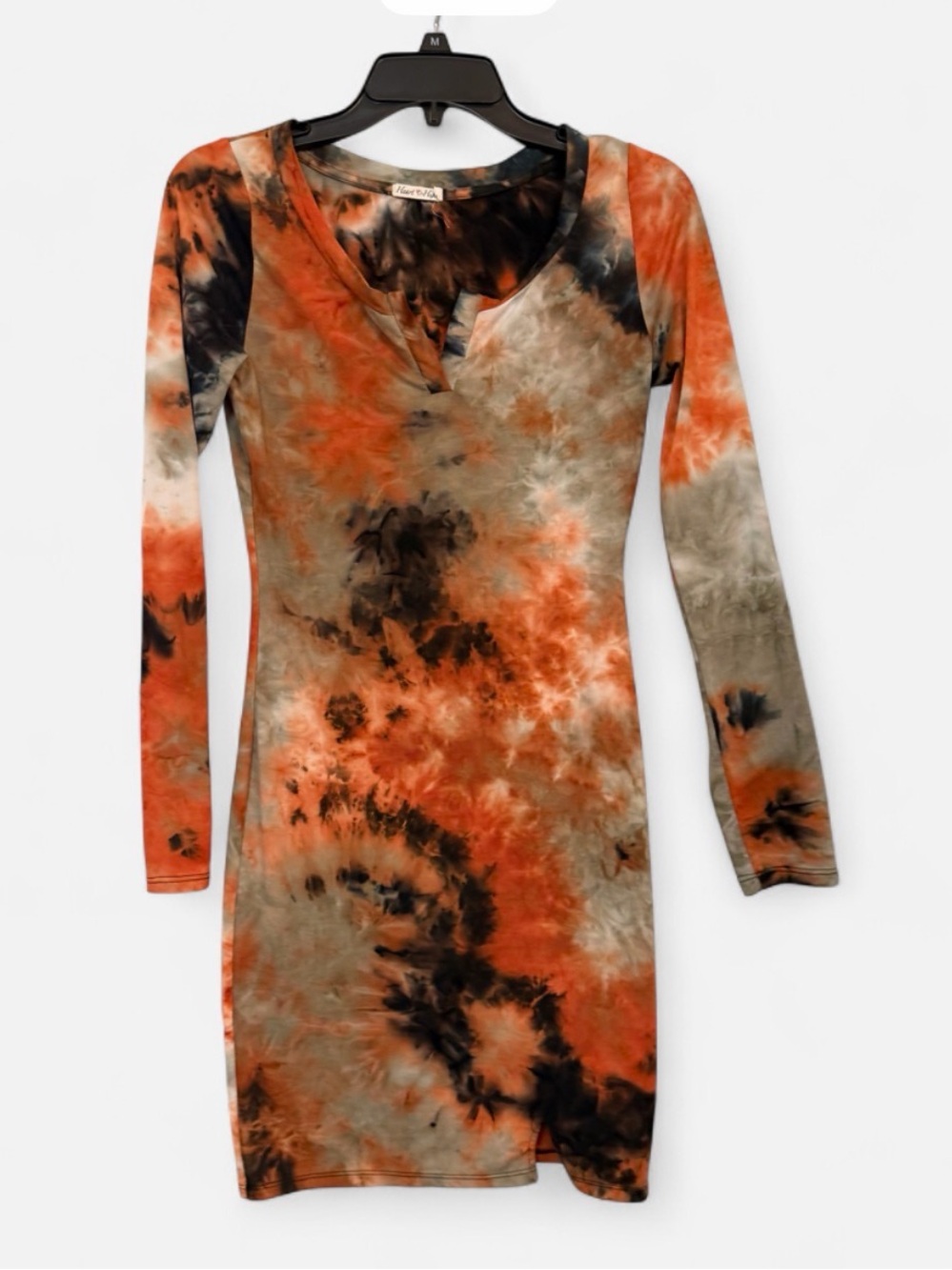 Heart Hips Long Sleeve Tie-Dye Bodycon Dress in Orange & Gray